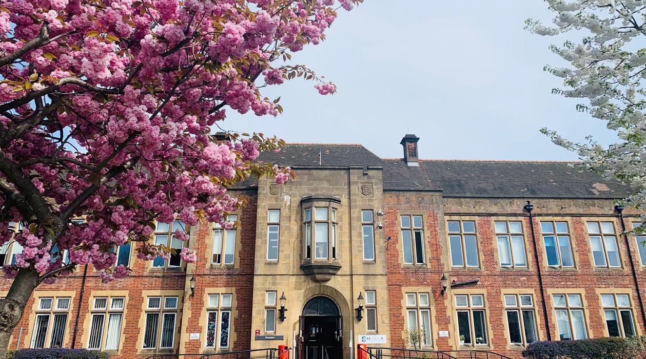 College entrance with a cherry blossom tree on the left